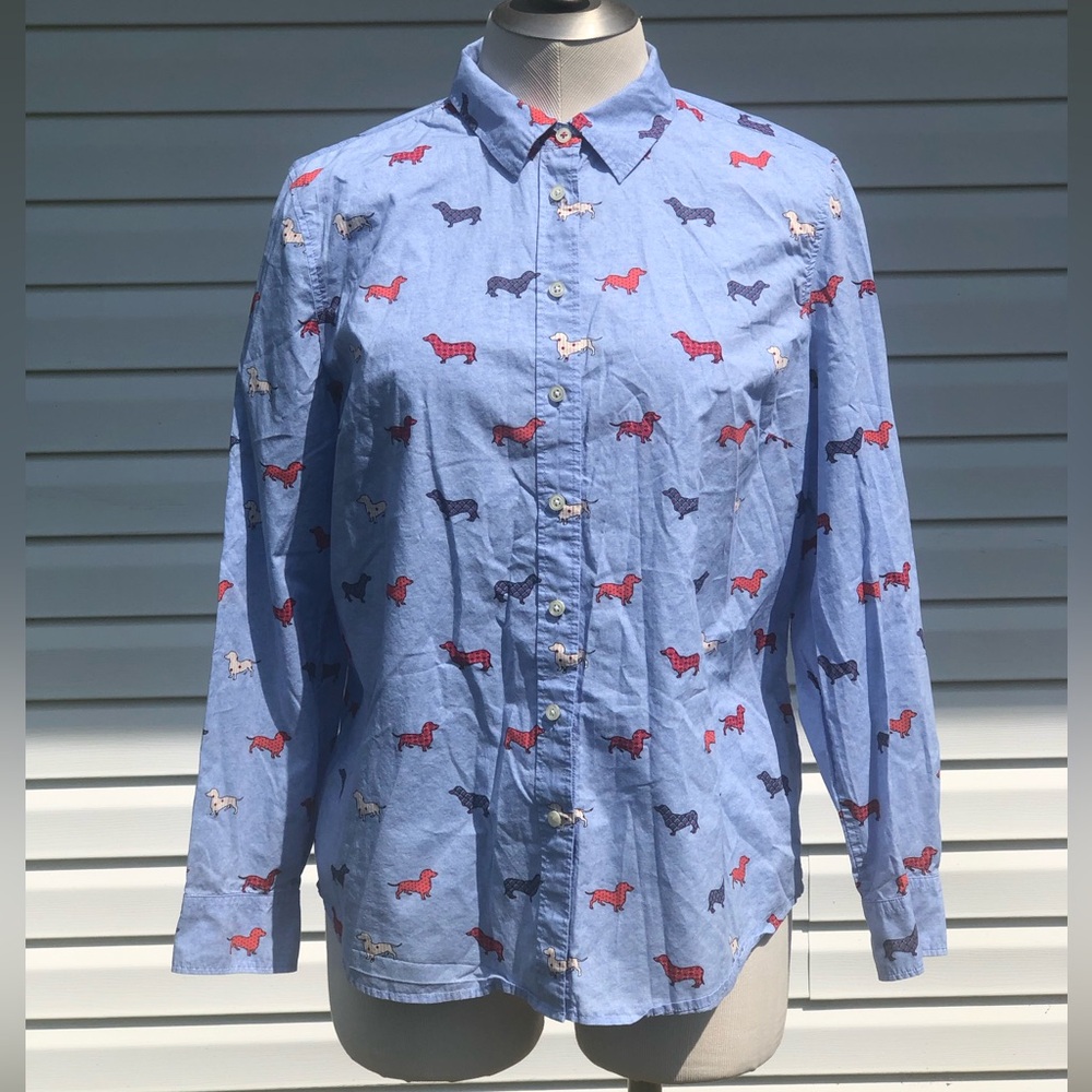 Talbots Size Large Petite Blue Button Down with Dachshunds